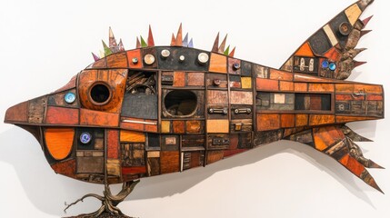 Colorful recycled-material fish sculpture art. Gallery display.  Home decor