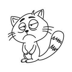 Sad tired cat doodle illustration with expressive face, black and white hand drawn art, perfect for designs, blogs, memes, or humorous projects