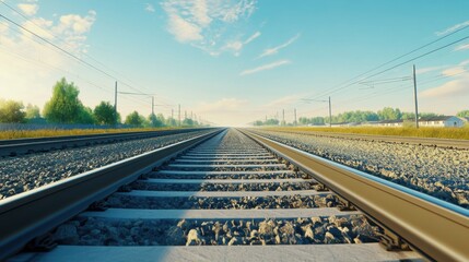 Beautiful Landscape of Endless Train Tracks Under Clear Blue Sky with Soft Clouds and Green Trees Alongside, Perfect for Travel and Adventure Themes