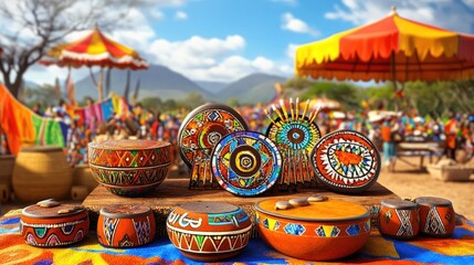 Fototapeta premium Colorful African crafts at market, vibrant background