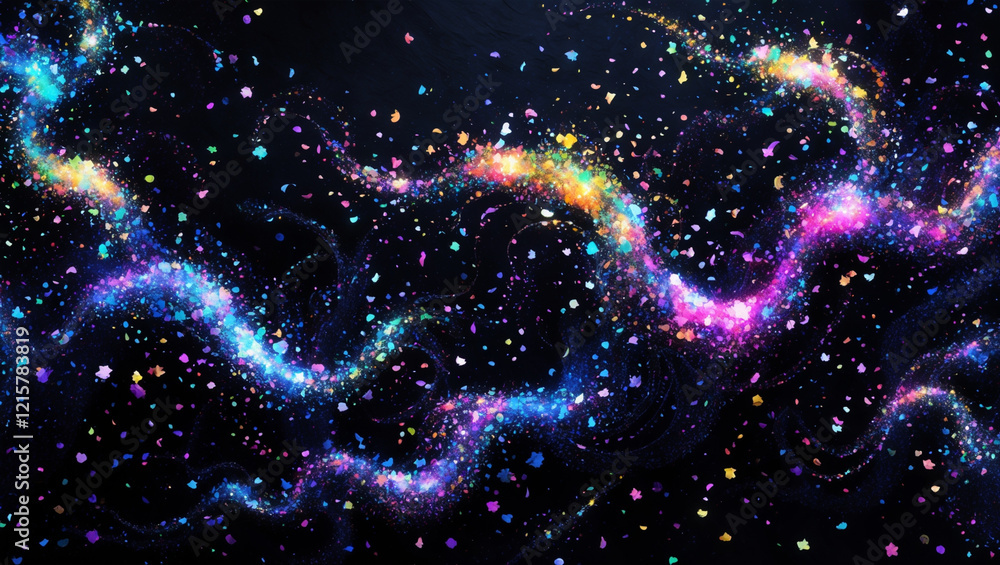 Poster cosmic stream of multicolored particles on dark background abstract illustration