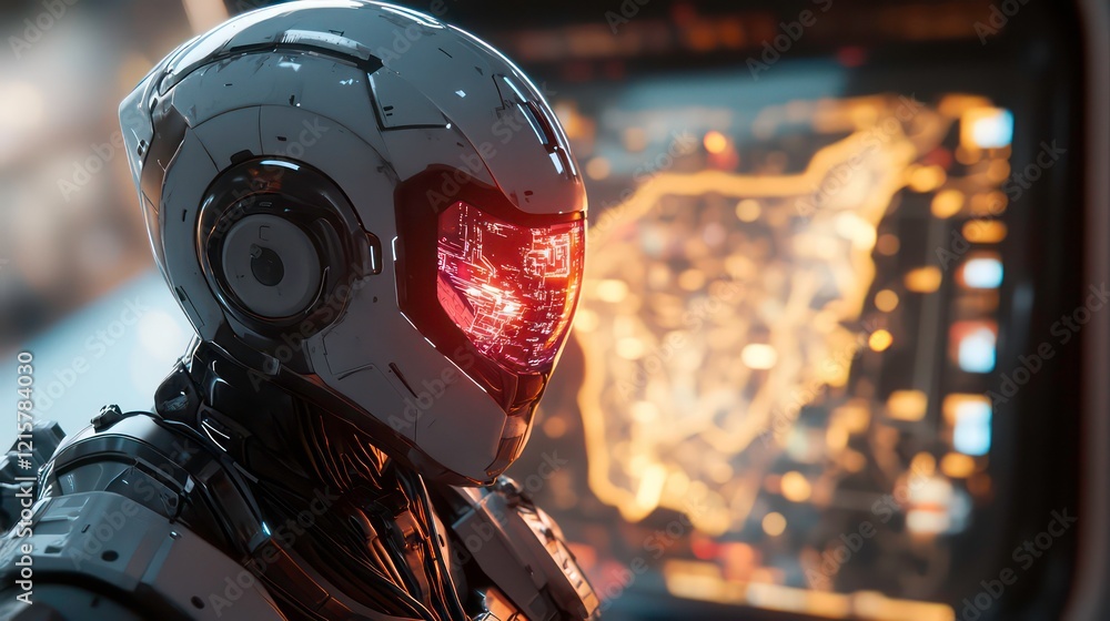 Aufkleber futuristic robot in helmet, red light reflection, control panel background.