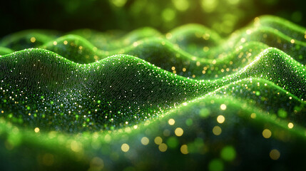 Dark green background with small dark spots creating a glitch effect, minimalistic bright tones with modern blurred empty space, offering a feeling of chaos and uncertainty with clean, open caption sp