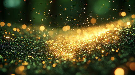 Dark green background with small dark spots creating a glitch effect, minimalistic bright tones with modern blurred empty space, offering a feeling of chaos and uncertainty with clean, open caption sp