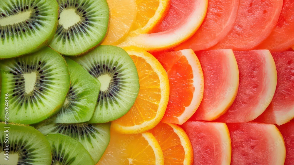 Poster close-up of vibrant sliced kiwi, orange, and watermelon arranged in colorful rows.