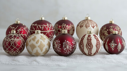 An elegant arrangement of red and gold Christmas ornaments, each adorned with intricate patterns. The harmonious colors and refined designs create a luxurious holiday display.