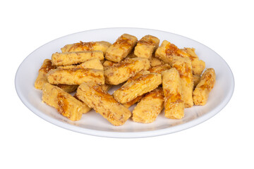 Kastengel cake on a white round serving plate isolated transparent