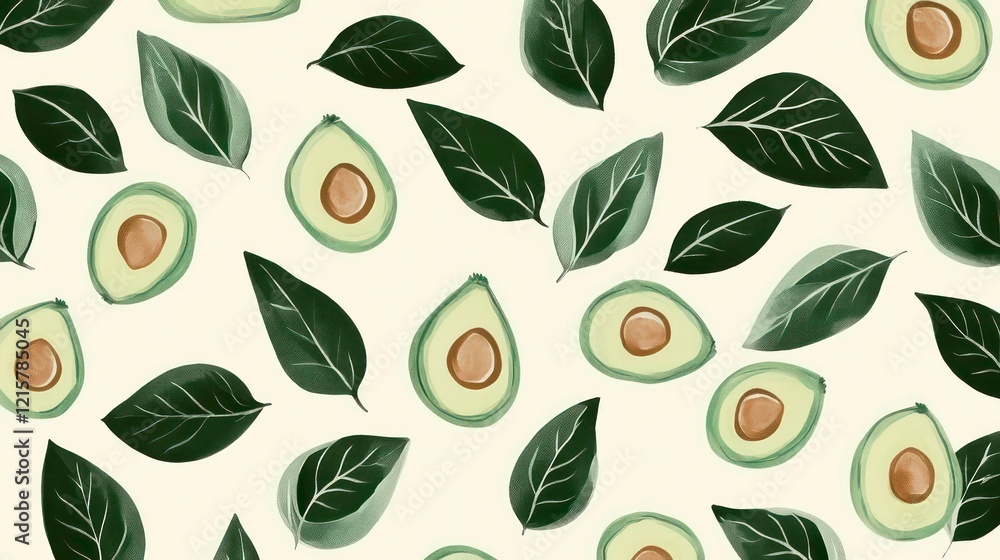 Poster seamless pattern of halved avocados and leaves on a light beige background.