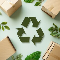 Promoting sustainability with an eco-friendly recycling symbol amid leaves and cardboard, highlighting environmental awareness