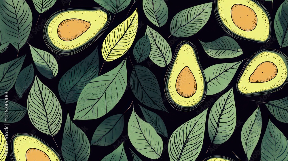 Poster seamless pattern of halved avocados and leaves on dark background.