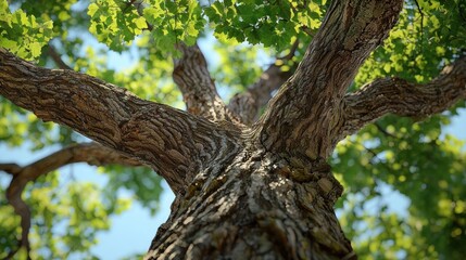 Fototapeta premium Majestic Oak Tree: A Low-Angle View of Nature's Grandeur