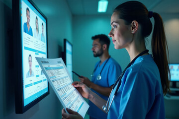Medical professionals reviewing patient information on digital screens in a hospital.