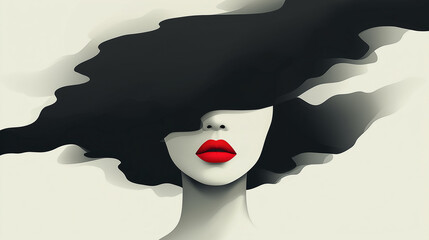 Stylized female portrait with flowing black hair and red lips on a minimalist neutral background showcasing elegance, beauty, and artistry.