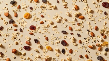 Overhead shot of scattered oatmeal, nuts, and dried fruits on a beige background.