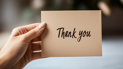 Hand holding a thank you card expressing gratitude in soft natural tones against a blurred background.