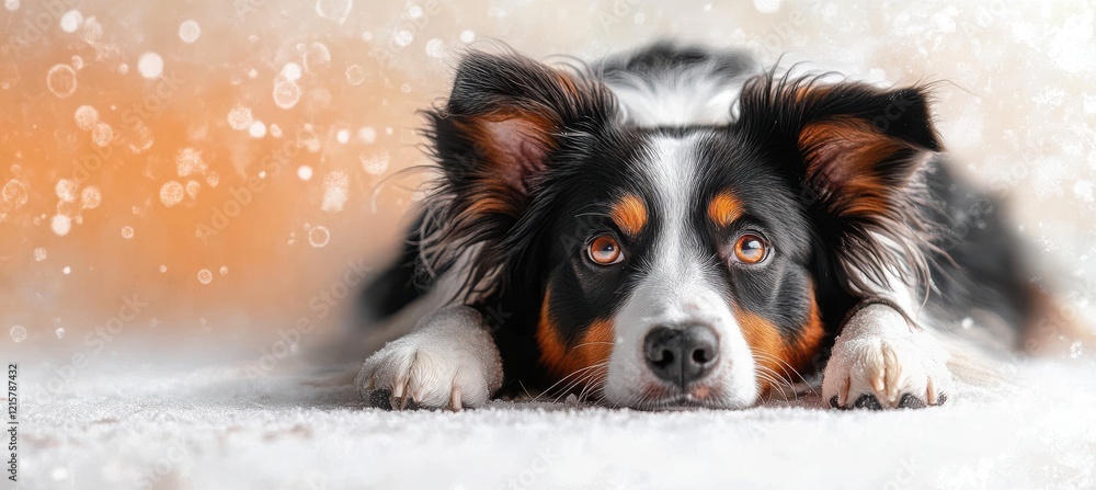 Poster adorable and playful dog lying on soft surface with beautiful eyes glancing upward surrounded by a w