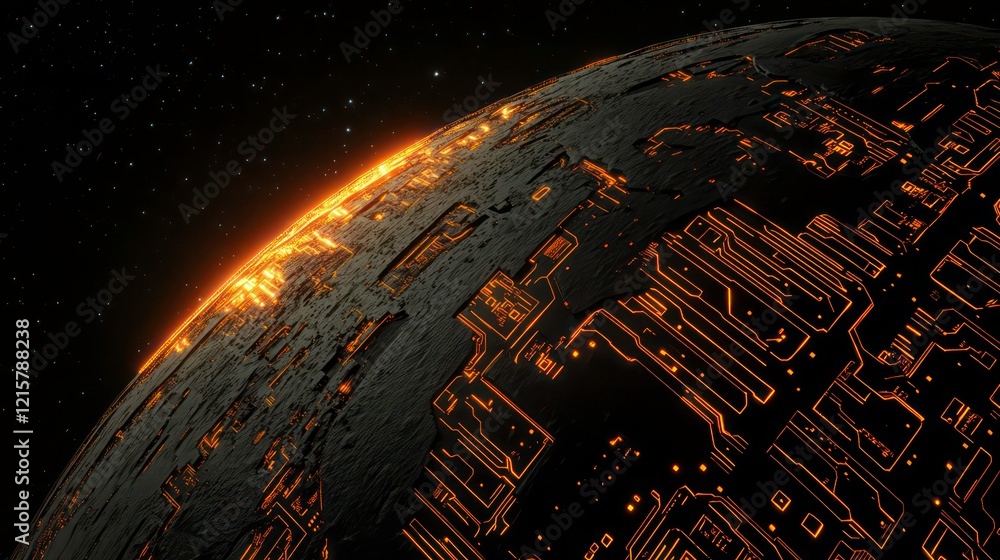 Poster futuristic planet with glowing circuitry, dark space background.