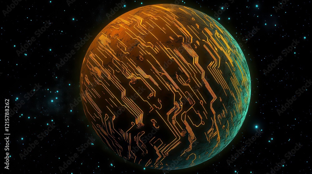 Poster futuristic planet with circuit board texture in space.