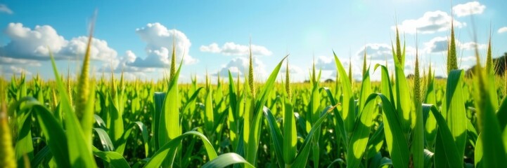 Obraz premium Vibrant cornfield under a clear blue sky with fluffy clouds in the background.