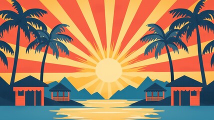 Obraz premium Tropical sunset with huts and palm trees by the sea. Golden hour sunset landscape.