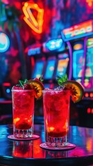 Two vibrant cocktails sit on a bar top near neon lights