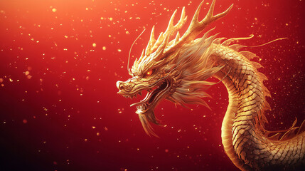 A majestic dragon with golden scales soars through the air on a vibrant red background. Glowing particles and soft shadows add depth and create a captivating, minimalist composition.