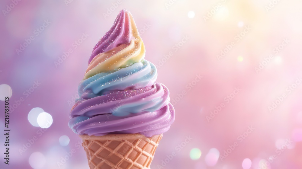 Poster rainbow swirl soft serve ice cream cone on a pastel background.
