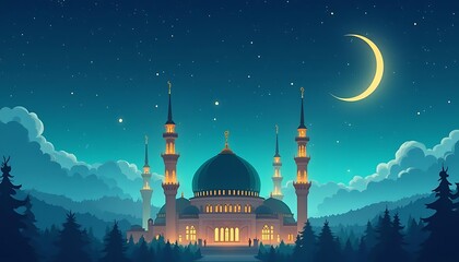 Nighttime Mosque Landscape Peaceful Crescent Moon Stars