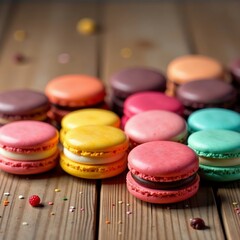 Vibrant macarons on a wooden table, showcasing a variety of colors and flavors.