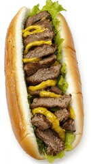 Grilled steak, lettuce, mustard in a bun; food photography, white background; for menus, blogs