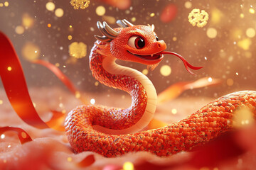 Obraz premium A playful red snake bites a dragon's tail against a backdrop of golden clouds and colorful ribbons. The joyful scene brims with festive energy, celebrating Chinese cultural themes.