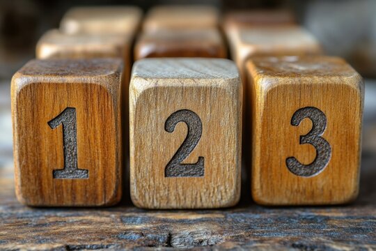 Wooden Blocks Numbered 1, 2, and 3 on Rustic Surface