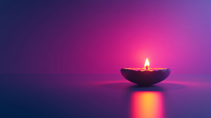 A single diya glows warmly against a purple and blue gradient background, symbolizing the light and hope of Diwali. The soft radiance creates a calming and festive ambiance.