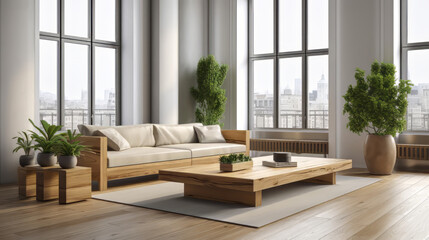 A minimalist kitchen featuring polished marble floors, natural wood cabinets