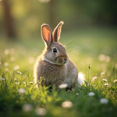 Fototapeta premium Adorable Brown Bunny in a Flowery Meadow