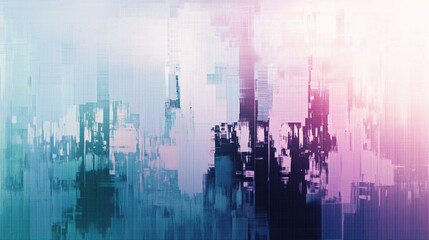 Obraz premium Digital abstract cityscape background with glitchy pixelated electric blues, purples, greens, pinks, whites, and turquoise in a minimalistic bright tone with empty blank caption space on the side