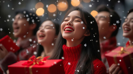 A cheerful group sings Christmas carols in the snow, holding presents. Their joyful expressions and festive attire create a heartwarming holiday scene filled with camaraderie.