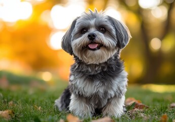Adorable Small Dog with Fluffy Fur Sitting on Green Grass Surrounded by Autumn Leaves in a Sunlit Park, Exuding Happiness and Playfulness