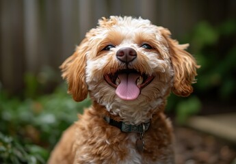 Fototapeta premium Adorable small dog with fluffy curly hair happily posing outdoors, showcasing a joyful expression with a tongue out, surrounded by greenery, perfect for pet lovers and animal photography.