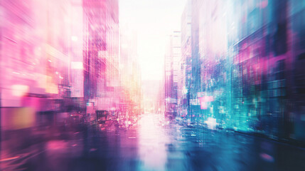 Obraz premium Digital abstract cityscape background with glitchy pixelated electric blues, purples, greens, pinks, whites, and turquoise in a minimalistic bright tone with empty blank caption space on the side