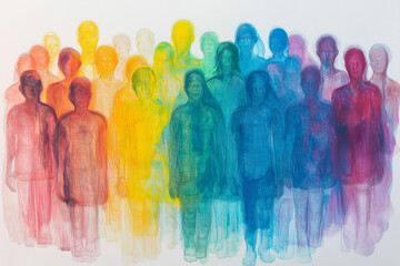 Obraz premium abstract representation of the human family and community. The background is a white canvas with a few colorful strokes that suggest movement or energy around them. Concept illustration.