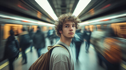 A young man with curly hair stands in the subway station, surrounded by people moving fast on both sides and blurred figures of other passengers waiting for their train