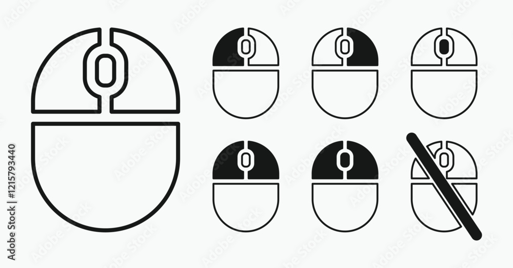 Poster sets computer mouse icon, illustrating different button presses. vector illustration.