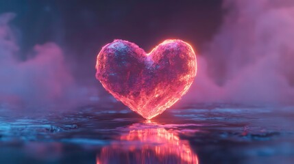 Glowing pink heart shape reflecting on dark surface with fog.