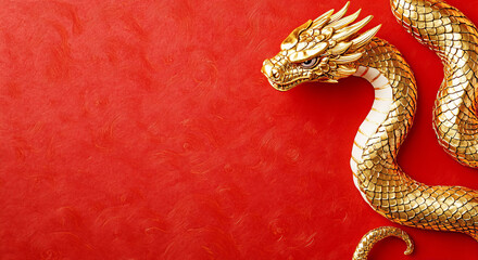 A detailed golden snake pattern decorates a vibrant red paper background, enhanced with auspicious clouds and luminous light effects. The scene embodies elegance and festivity.