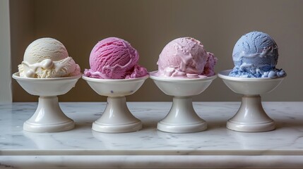 Four different ice cream flavors on white stands against a white background. various ice cream in a white background