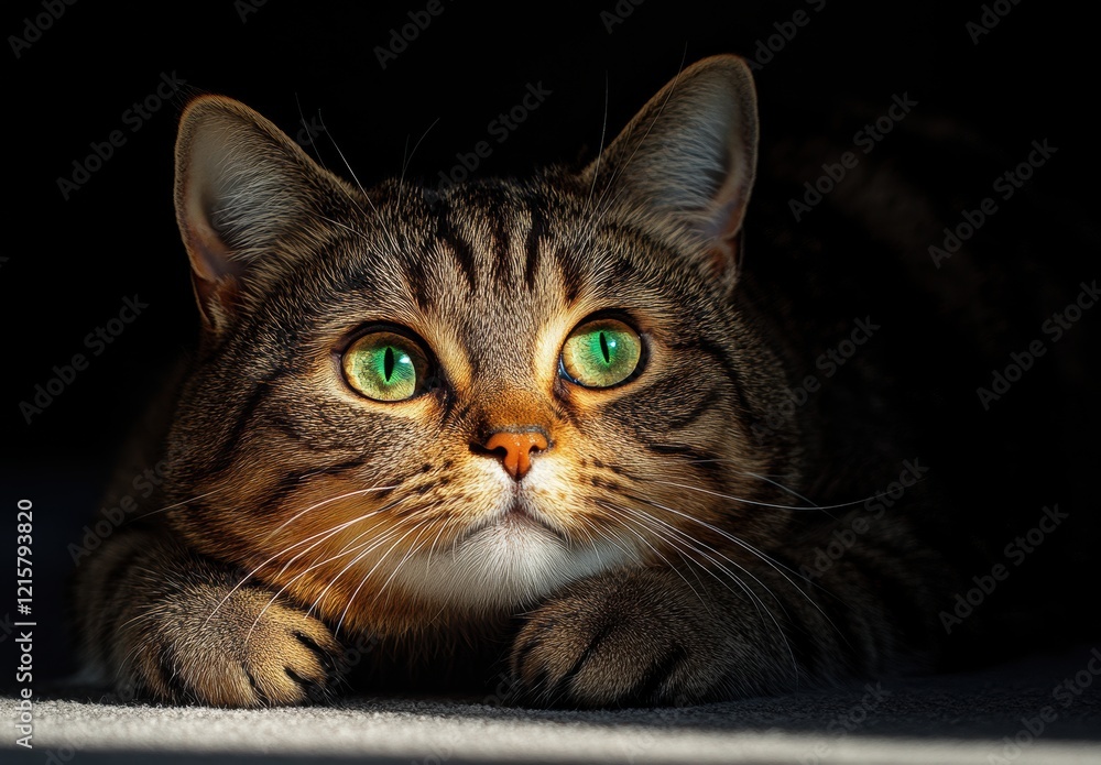 Aufkleber captivating close-up of a curious tabby cat with bright green eyes and striking fur patterns, laying