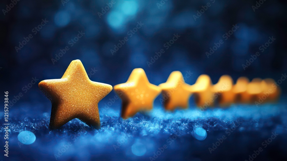 Aufkleber five golden star shaped cookies on a blue textured surface with bokeh background.