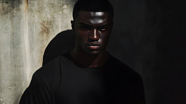 Moody Portrait of a Man in Black T-Shirt Against Concrete Wall