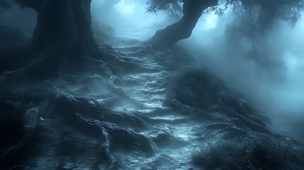 Mystical forest path, moonlit night, fog, roots, adventure